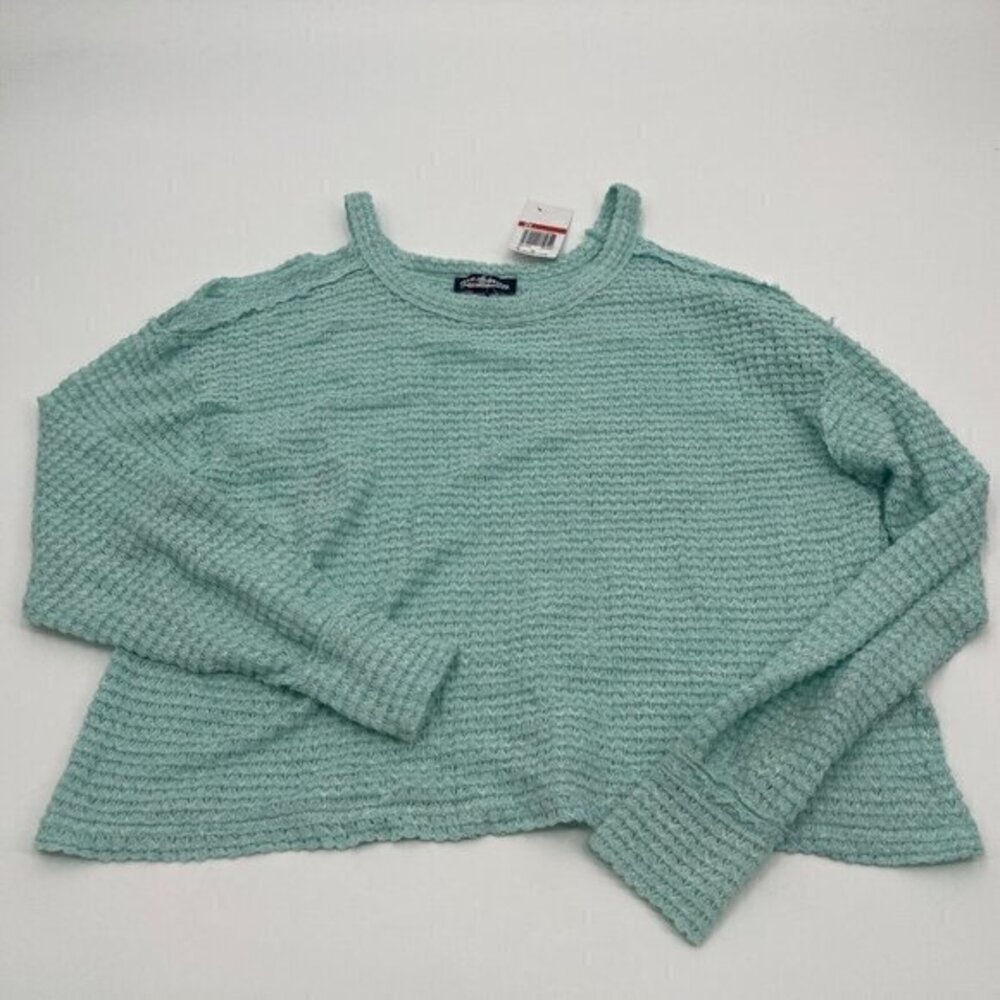 Freshmen 1996 Womens Sweater XS Mint Green Cold Shoulder Casual Knit Pullover